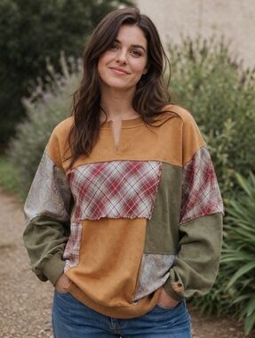 Oli & Hali Oversized Patchwork Sweatshirt Women L Boho Lagenlook Plaid Paisley